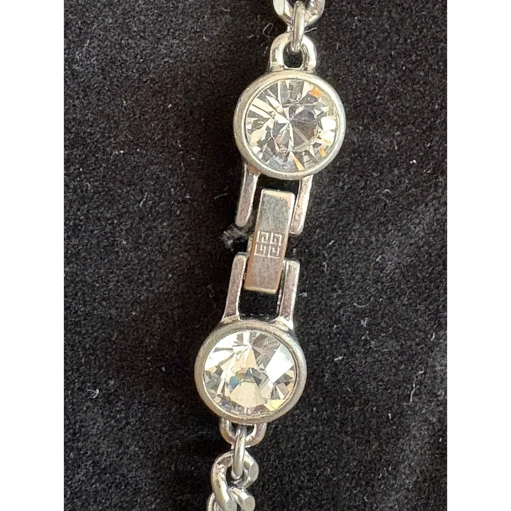 VTG Givenchy Silver Tone Station Chain Necklace‎ Diamond Rhinestone Signed 38